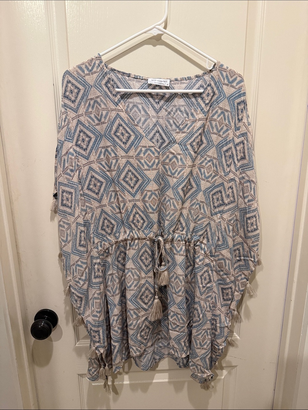 Geometric Tassel Drawstring Tunic in Light Blue and Cream